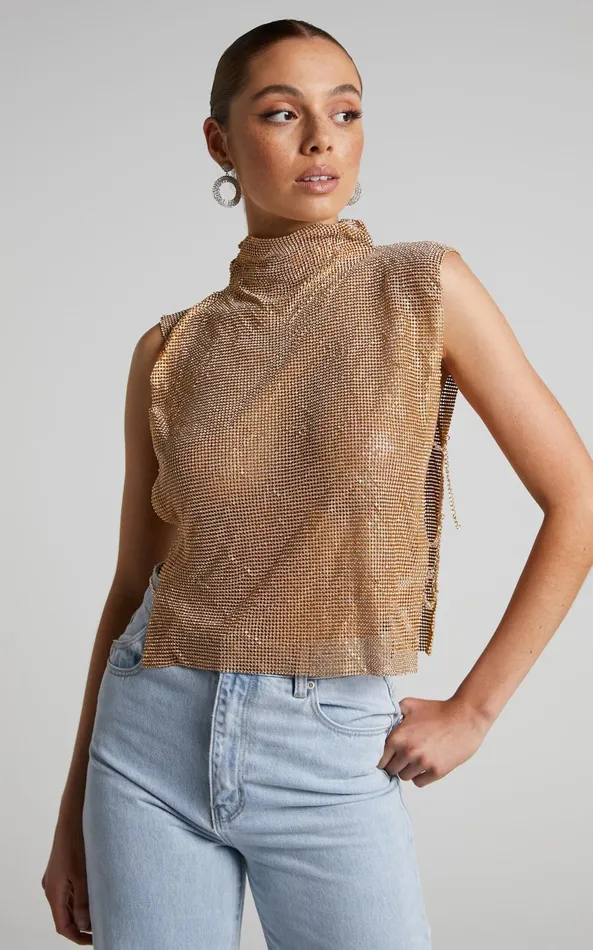 Showpo Dalena Top 8211 Sleeveless High Neck Mesh Chainmail Top In Gold Women Tops