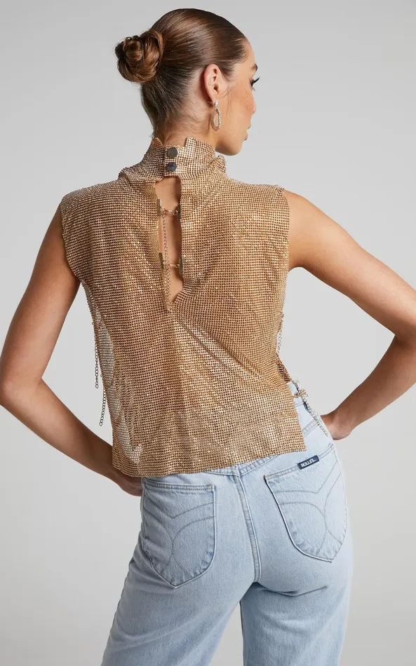 Showpo Dalena Top 8211 Sleeveless High Neck Mesh Chainmail Top In Gold Women Tops