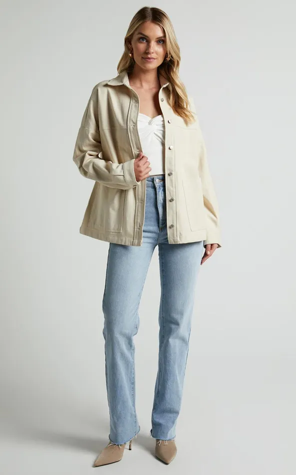 Showpo Dallas Jacket 8211 Collared Button Through Long Sleeve In Stone Women Jackets and Coats
