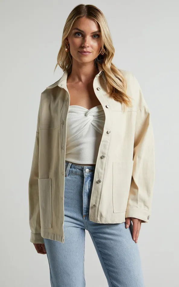 Showpo Dallas Jacket 8211 Collared Button Through Long Sleeve In Stone Women Jackets and Coats