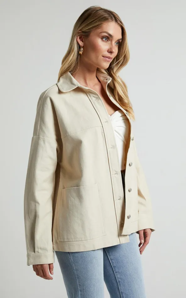 Showpo Dallas Jacket 8211 Collared Button Through Long Sleeve In Stone Women Jackets and Coats