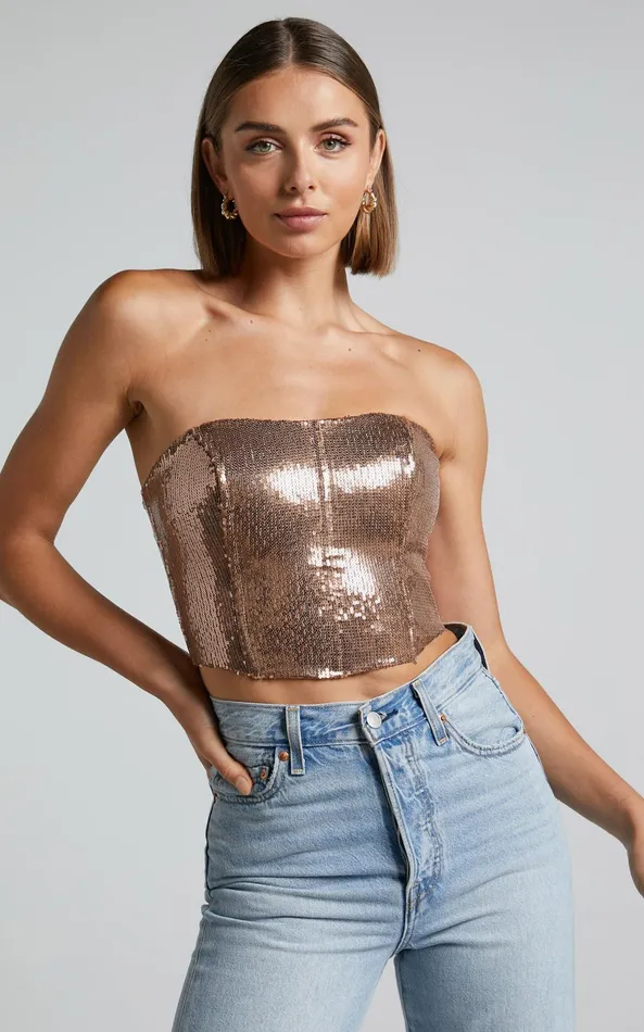 Showpo Dalphine Top 8211 Sequin Strapless Corset Crop Top In Copper Gold Women Curve Clothes Showpo Dalphine Top 8211 Sequin Strapless Corset Crop Top In Copper Gold Women Curve Clothes