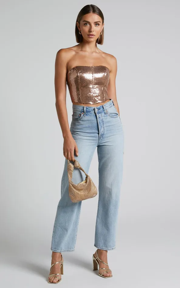 Showpo Dalphine Top 8211 Sequin Strapless Corset Crop Top In Copper Gold Women Curve Clothes