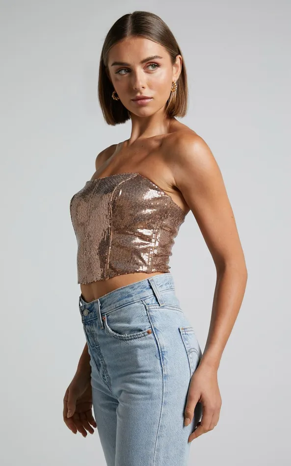 Showpo Dalphine Top 8211 Sequin Strapless Corset Crop Top In Copper Gold Women Curve Clothes