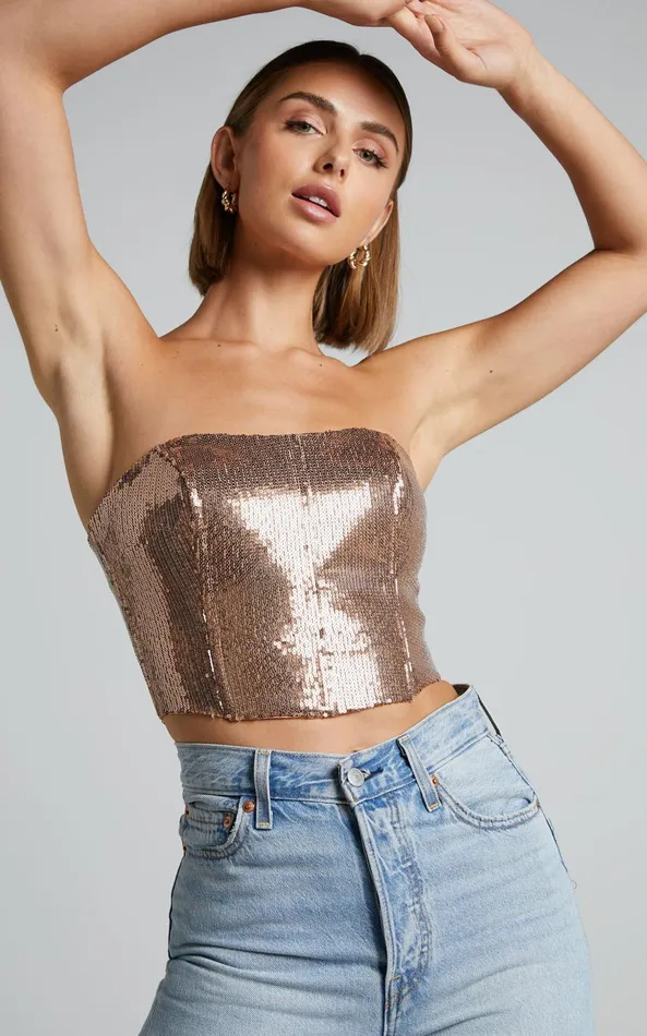 Showpo Dalphine Top 8211 Sequin Strapless Corset Crop Top In Copper Gold Women Curve Clothes