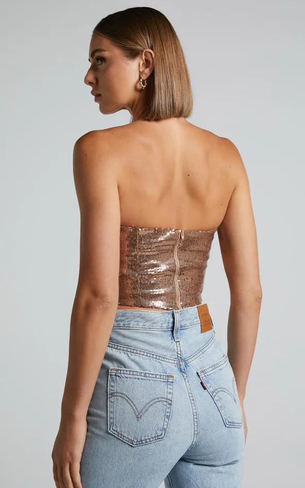 Showpo Dalphine Top 8211 Sequin Strapless Corset Crop Top In Copper Gold Women Curve Clothes