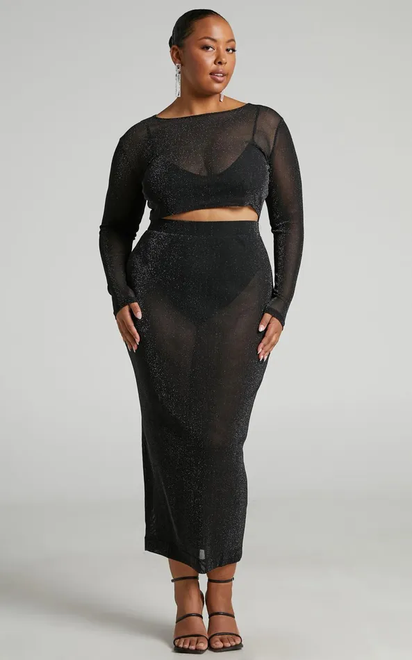 Showpo Damaris Two Piece Set 8211 Glitter Mesh Long Sleeve Crop Top And Midi Skirt Set In BlackSilver Women Two Piece Sets and Coords