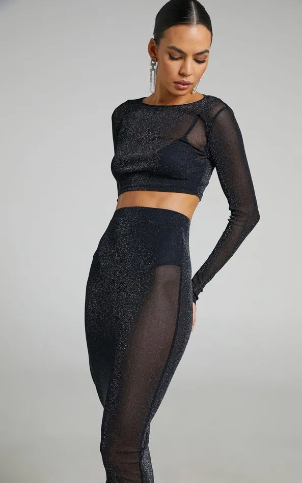 Showpo Damaris Two Piece Set 8211 Glitter Mesh Long Sleeve Crop Top And Midi Skirt Set In BlackSilver Women Two Piece Sets and Coords