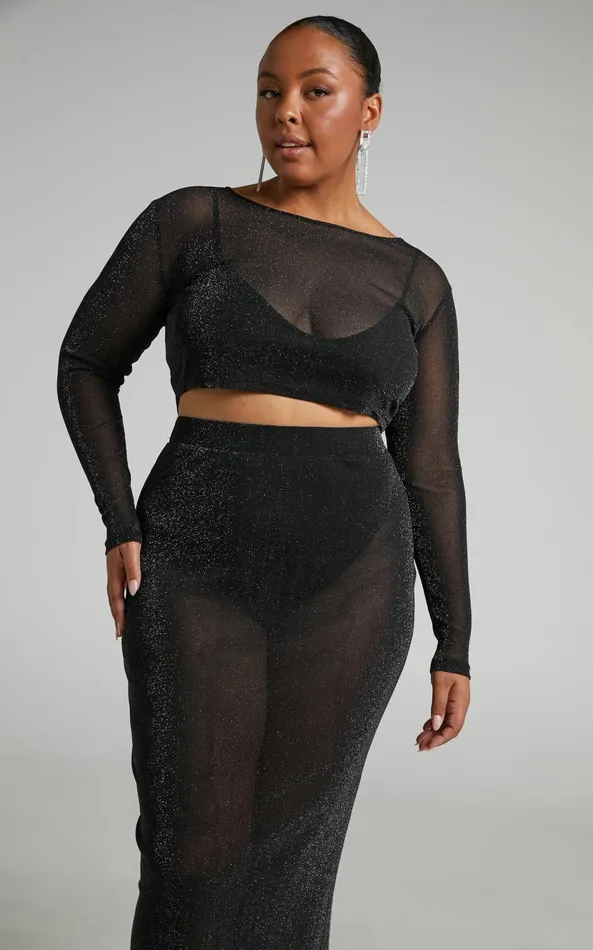Showpo Damaris Two Piece Set 8211 Glitter Mesh Long Sleeve Crop Top And Midi Skirt Set In BlackSilver Women Two Piece Sets and Coords