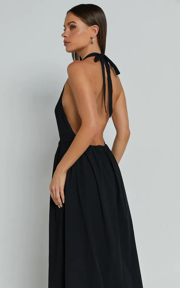 Showpo Dana Midi Dress 8211 Halter Neck Open Back Dress In Black Women Dresses