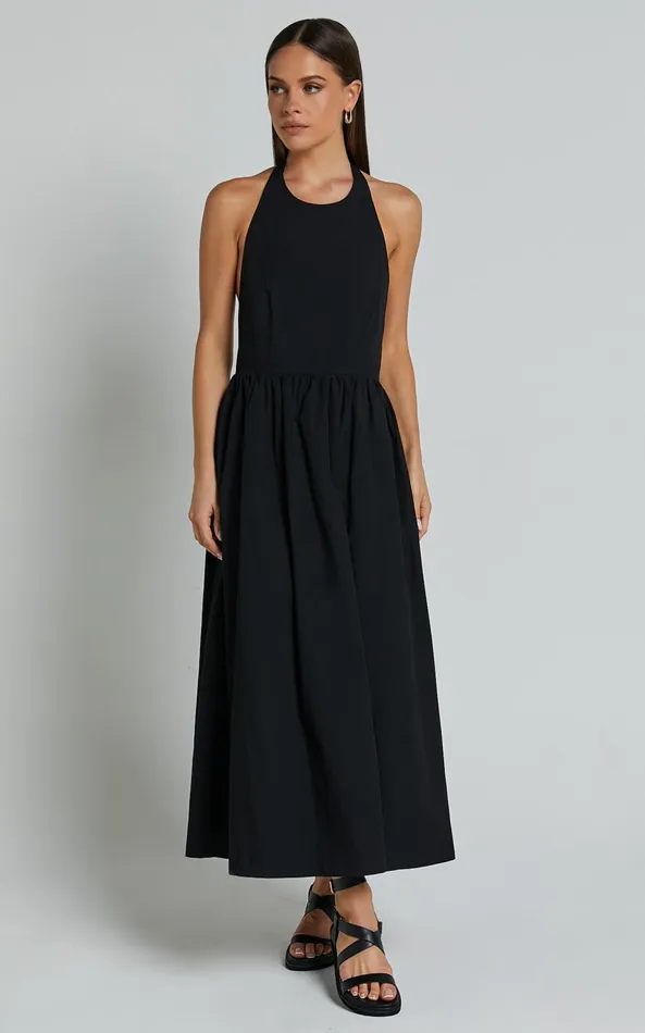Showpo Dana Midi Dress 8211 Halter Neck Open Back Dress In Black Women Dresses