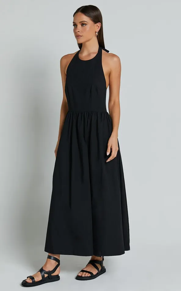 Showpo Dana Midi Dress 8211 Halter Neck Open Back Dress In Black Women Dresses