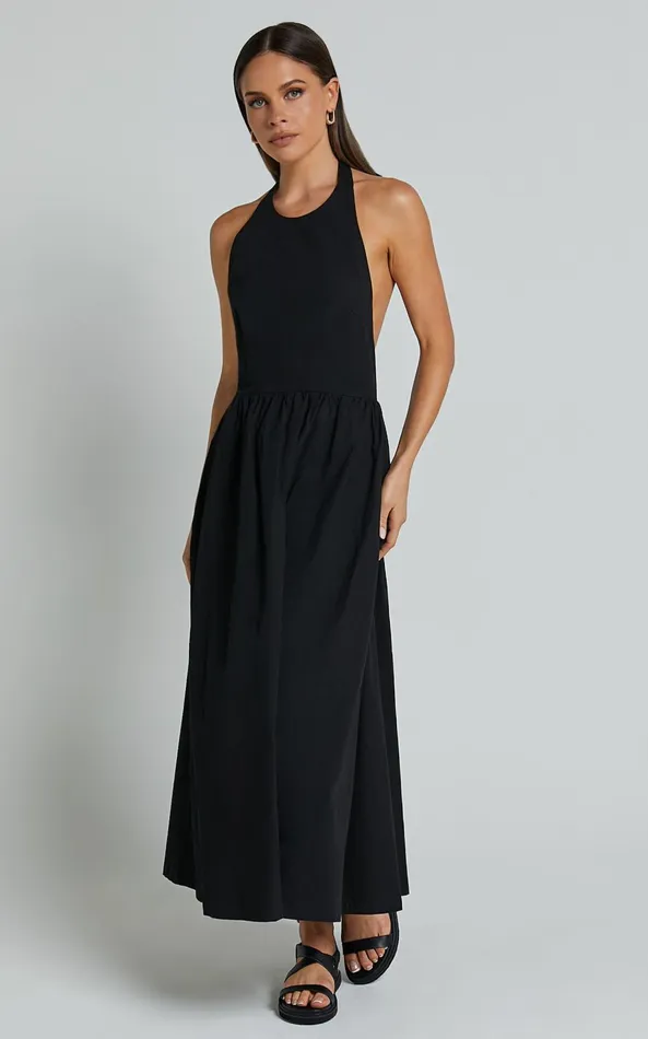 Showpo Dana Midi Dress 8211 Halter Neck Open Back Dress In Black Women Dresses
