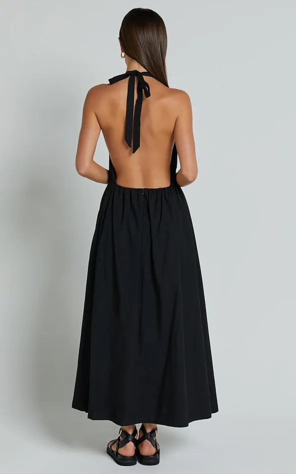 Showpo Dana Midi Dress 8211 Halter Neck Open Back Dress In Black Women Dresses