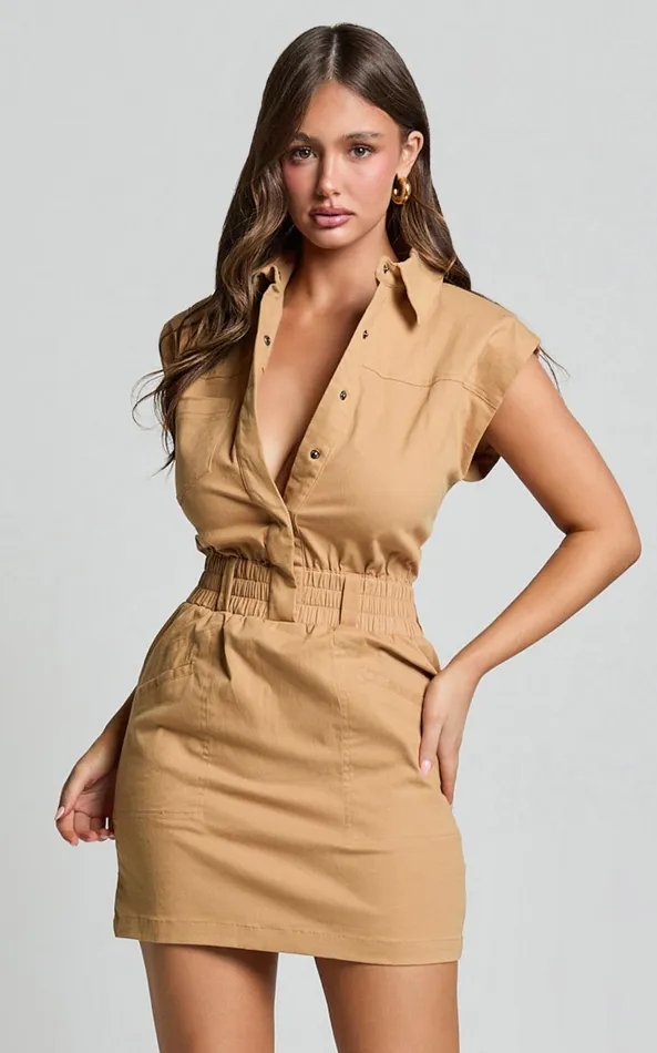 Showpo Dana Mini Dress 8211 Collared Button Front Utility Dress In Dessert Taupe Women Dresses