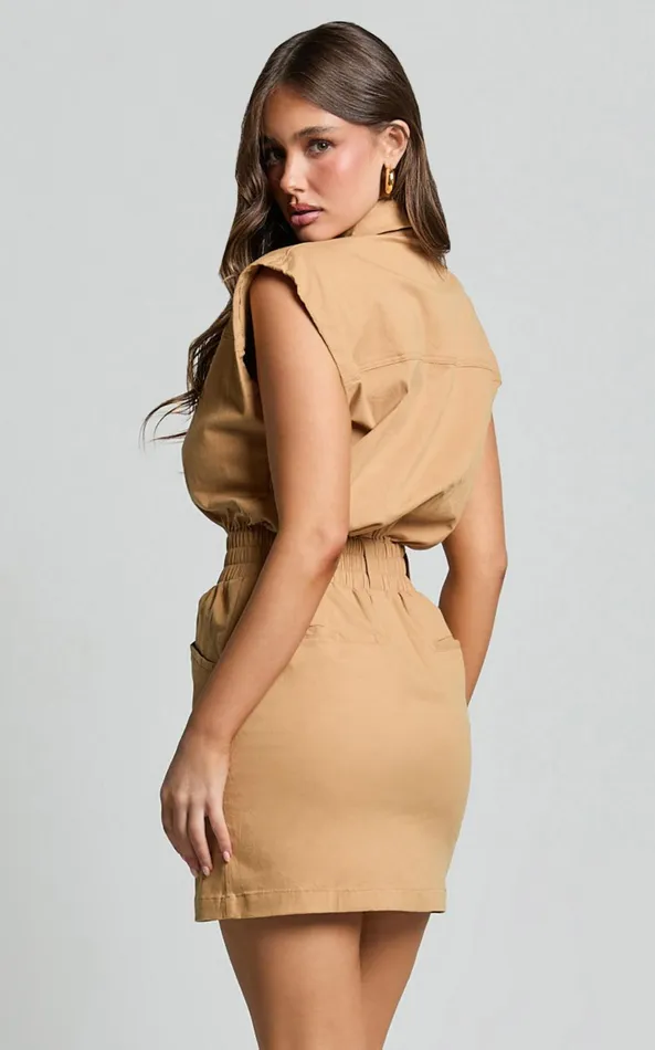 Showpo Dana Mini Dress 8211 Collared Button Front Utility Dress In Dessert Taupe Women Dresses