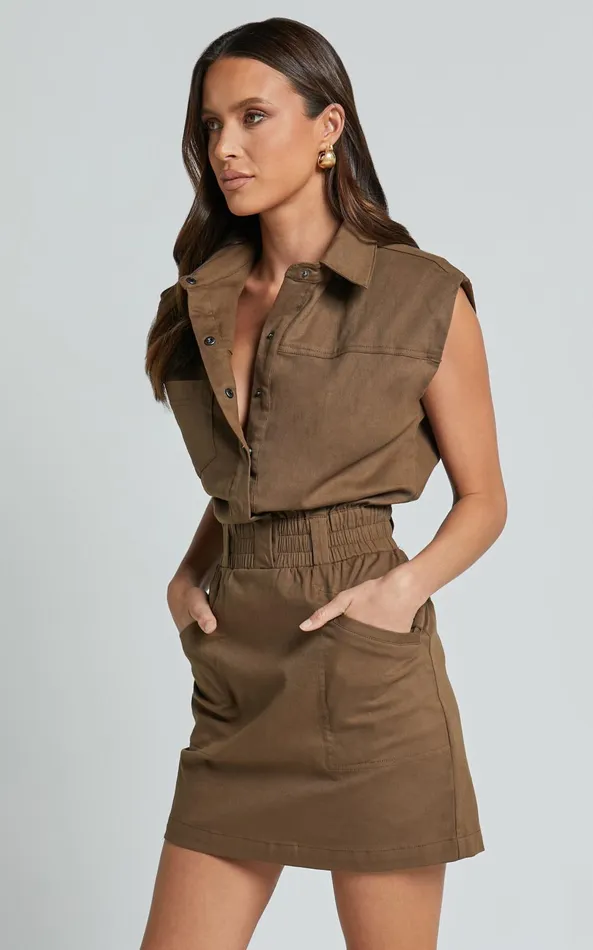 Showpo Dana Mini Dress 8211 Collared Button Front Utility Dress In Khaki Women Dresses