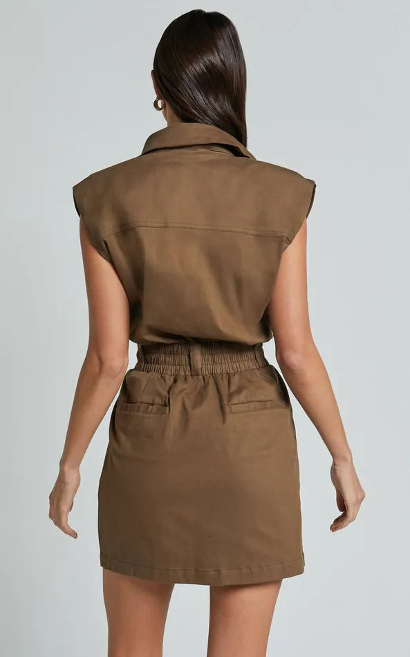 Showpo Dana Mini Dress 8211 Collared Button Front Utility Dress In Khaki Women Dresses