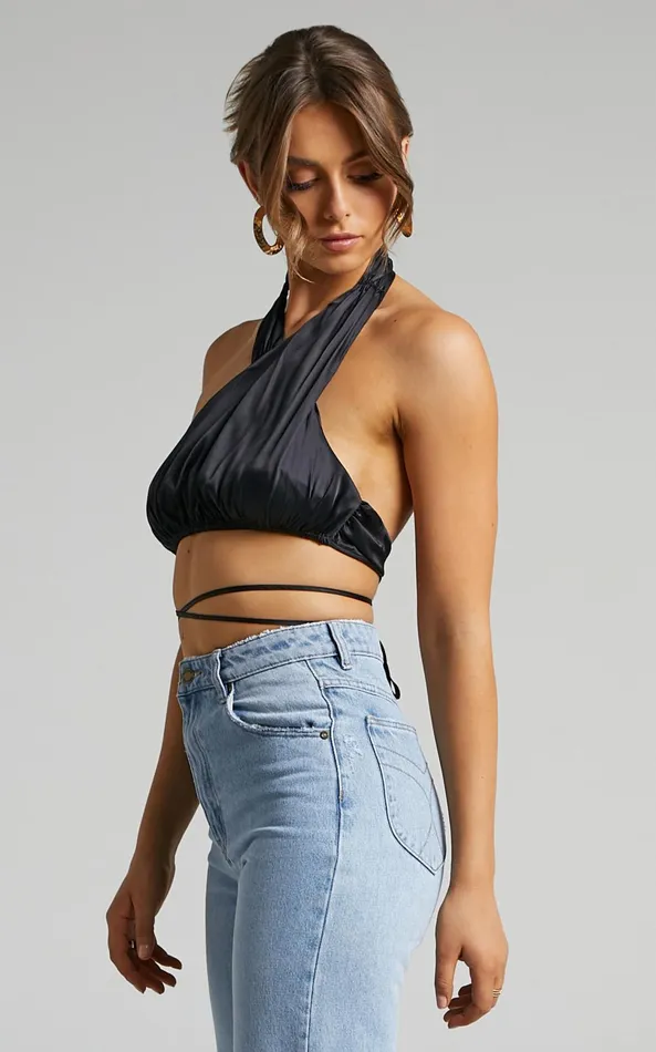 Showpo Danielle Bernstein 8211 High Neck Stretch Charmeuse Halter Top In Black Women Tops