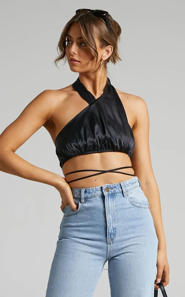 Showpo Danielle Bernstein 8211 High Neck Stretch Charmeuse Halter Top In Black Women Tops