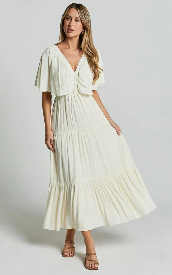 Showpo Danny Midi Dress 8211 Ruffle Sleeve Tiered Dress In Natural Women Dresses Showpo Danny Midi Dress 8211 Ruffle Sleeve Tiered Dress In Natural Women Dresses