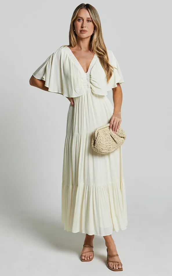 Showpo Danny Midi Dress 8211 Ruffle Sleeve Tiered Dress In Natural Women Dresses