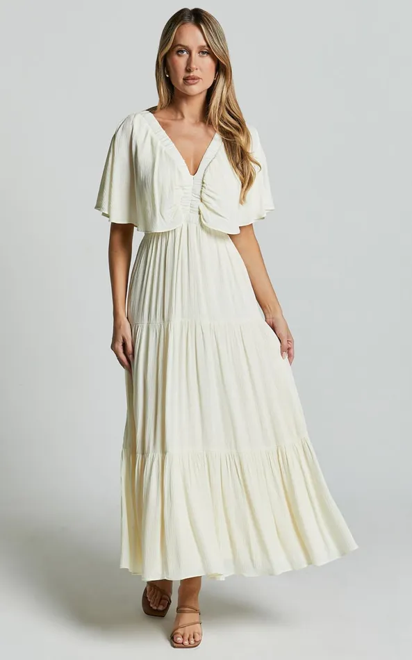Showpo Danny Midi Dress 8211 Ruffle Sleeve Tiered Dress In Natural Women Dresses