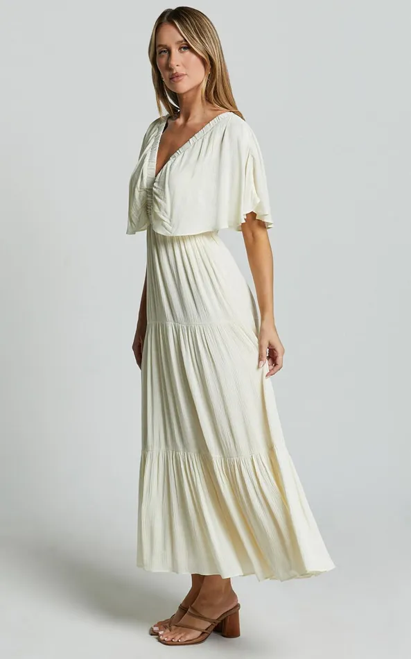 Showpo Danny Midi Dress 8211 Ruffle Sleeve Tiered Dress In Natural Women Dresses