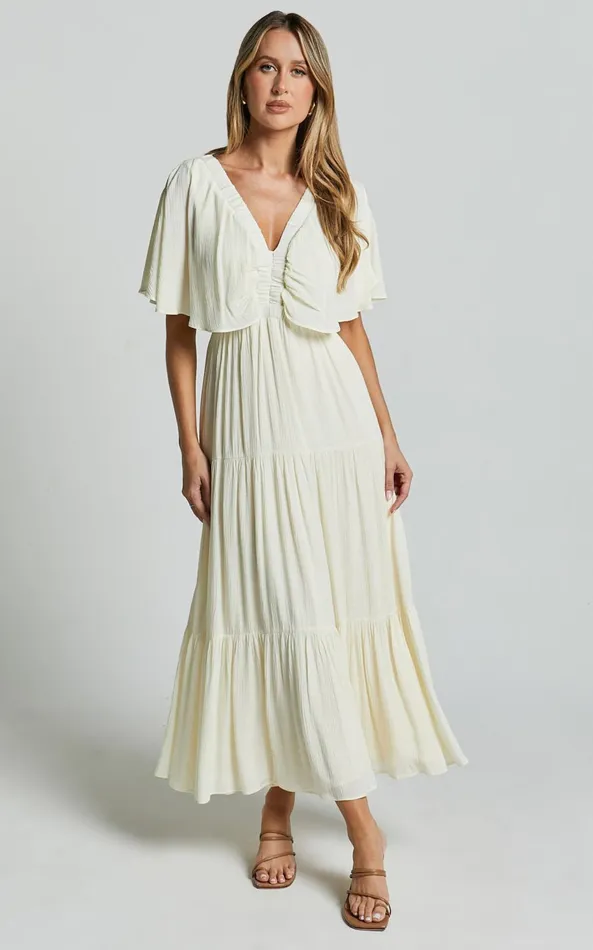 Showpo Danny Midi Dress 8211 Ruffle Sleeve Tiered Dress In Natural Women Dresses