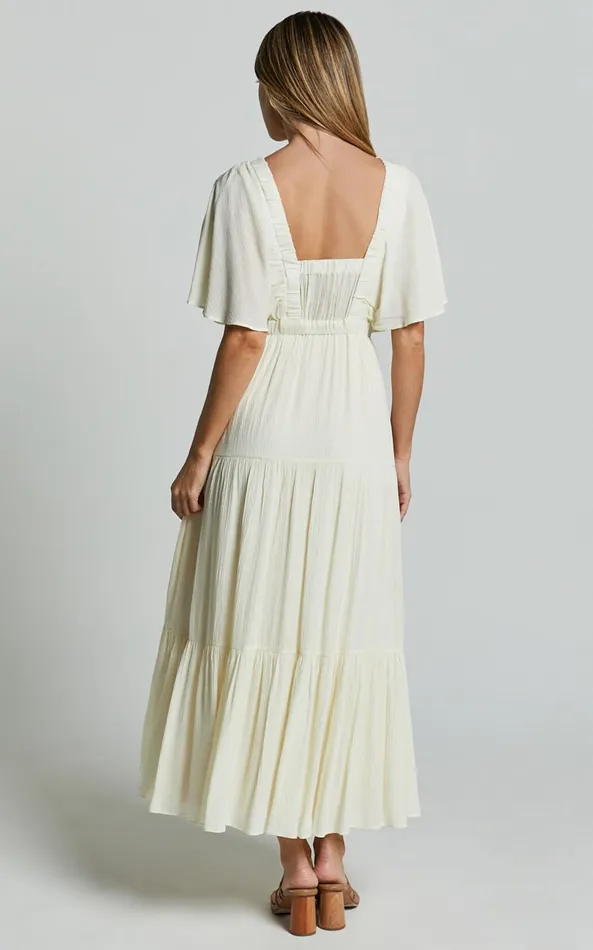Showpo Danny Midi Dress 8211 Ruffle Sleeve Tiered Dress In Natural Women Dresses
