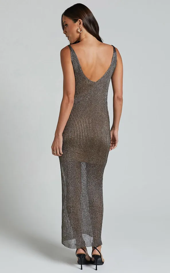 Showpo Daphie Maxi Dress 8211 Metallic Knitted Dress With Cami Slip Lining In Gold Women Dresses