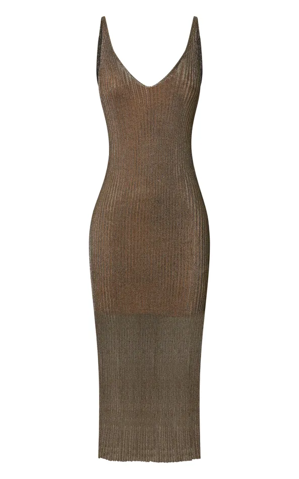 Showpo Daphie Maxi Dress 8211 Metallic Knitted Dress With Cami Slip Lining In Gold Women Dresses
