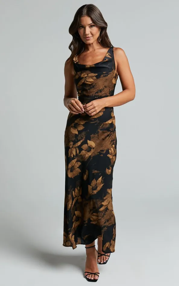 Showpo Dara Midi Dress 8211 Low Neck Sleeveless Slip Dress In Amber Floral Print Women Dresses