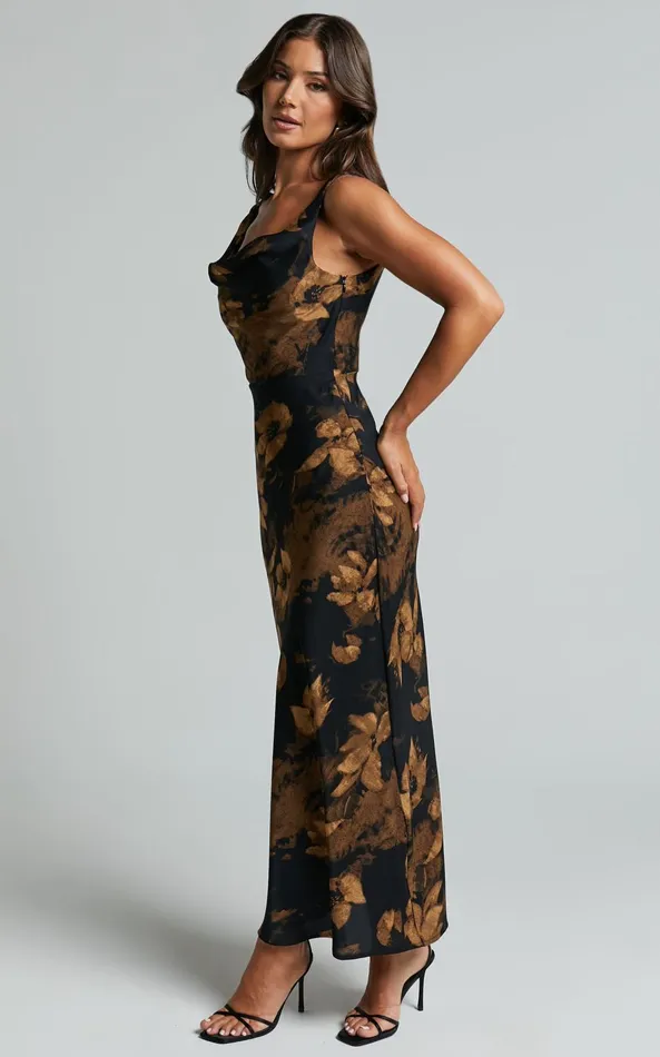 Showpo Dara Midi Dress 8211 Low Neck Sleeveless Slip Dress In Amber Floral Print Women Dresses