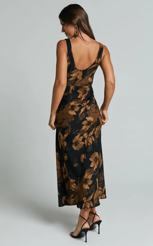 Showpo Dara Midi Dress 8211 Low Neck Sleeveless Slip Dress In Amber Floral Print Women Dresses
