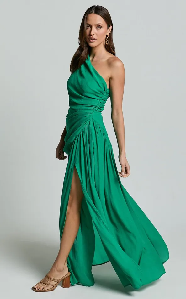 Showpo Darcy Maxi Dress 8211 One Shoulder Side Cut Out Gathered Dress In Green Women Dresses