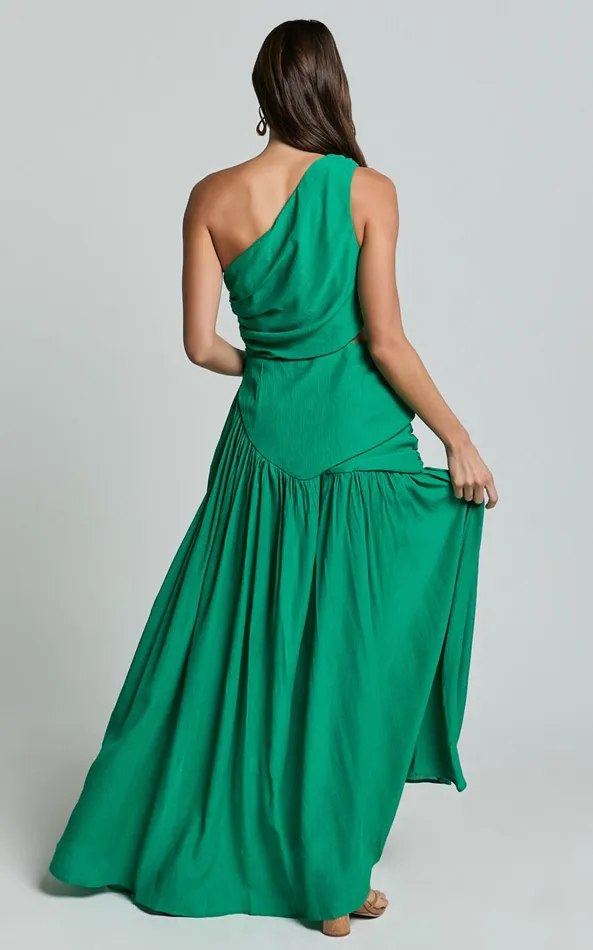 Showpo Darcy Maxi Dress 8211 One Shoulder Side Cut Out Gathered Dress In Green Women Dresses