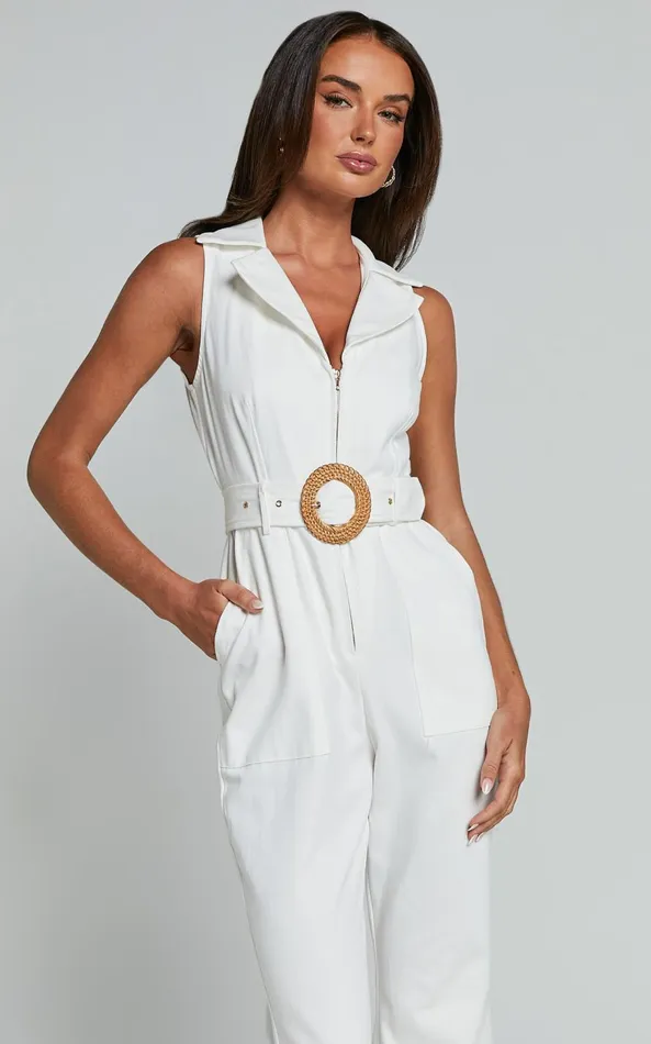 Showpo Darian Jumpsuit 8211 Collared Zip Front Belted Jumpsuit In Off White Women Jumpsuits