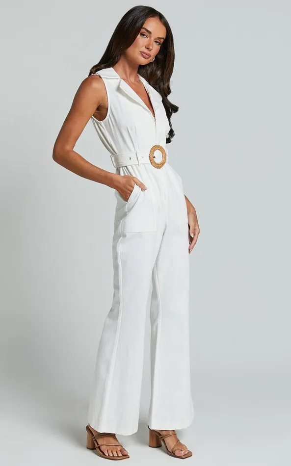 Showpo Darian Jumpsuit 8211 Collared Zip Front Belted Jumpsuit In Off White Women Jumpsuits