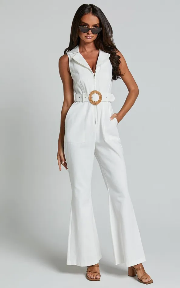 Showpo Darian Jumpsuit 8211 Collared Zip Front Belted Jumpsuit In Off White Women Jumpsuits