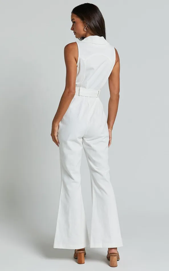 Showpo Darian Jumpsuit 8211 Collared Zip Front Belted Jumpsuit In Off White Women Jumpsuits
