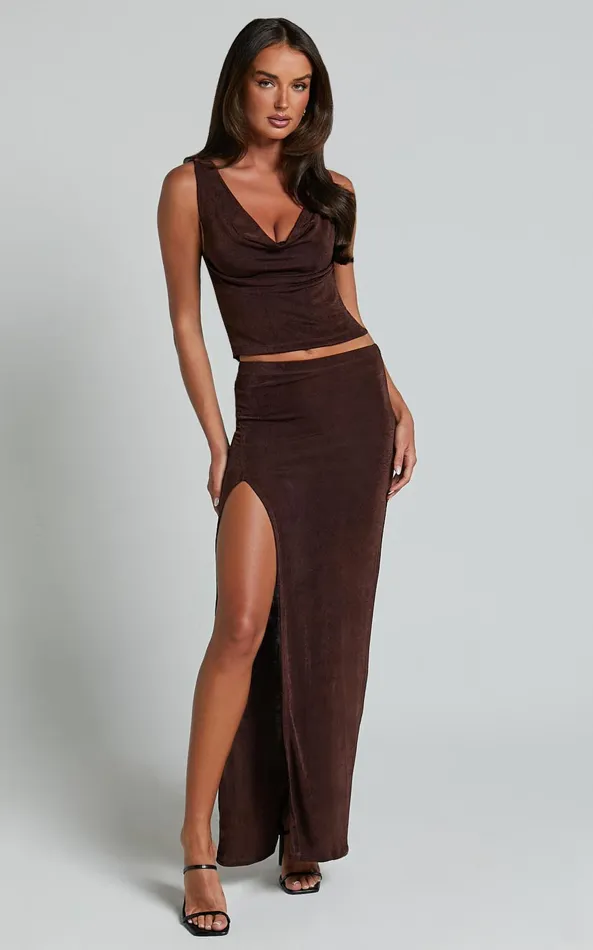 Showpo Darla Two Piece Set 8211 Cowl Neck Low Back Top And Thigh Split Midi Skirt Set In Chocolate Women Two Piece Sets and Coords Showpo Darla Two Piece Set 8211 Cowl Neck Low Back Top And Thigh Split Midi Skirt Set In Chocolate Women Two Piece Sets and Coords