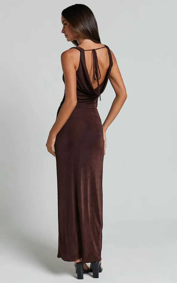 Showpo Darla Two Piece Set 8211 Cowl Neck Low Back Top And Thigh Split Midi Skirt Set In Chocolate Women Two Piece Sets and Coords