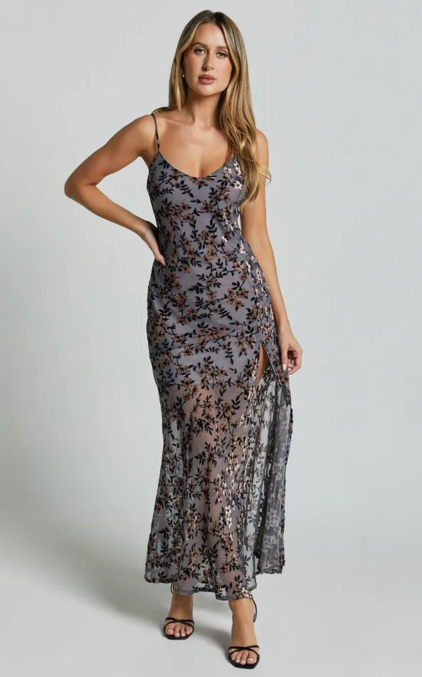 Showpo Darlene Midi Dress 8211 Velvet Burnout Slip Cami Dress In Grey Women Dresses