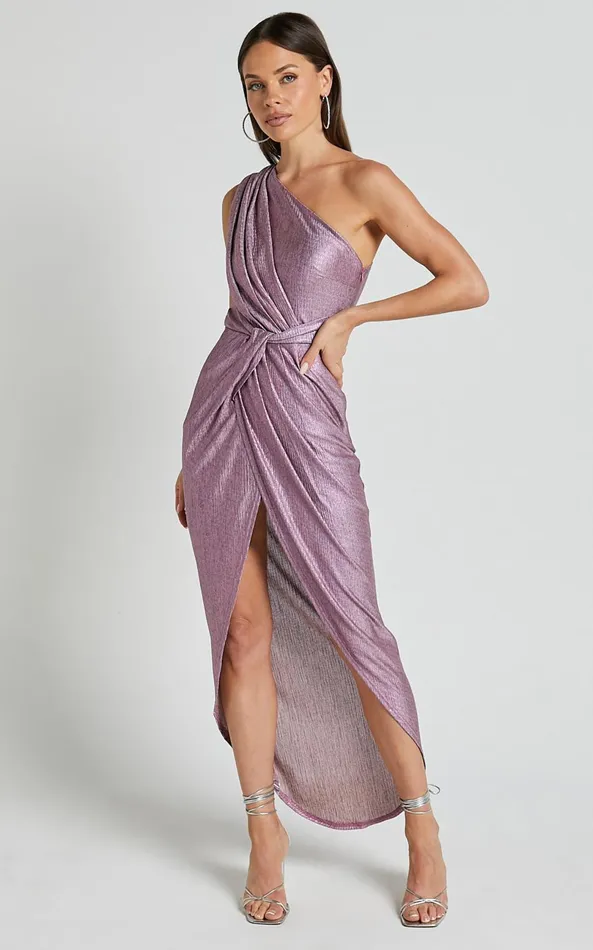 Showpo Davie Midi Dress 8211 Metallic One Shoulder Front Wrap Dress In Soft Pink Women Dresses