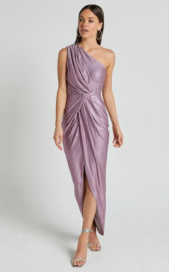 Showpo Davie Midi Dress 8211 Metallic One Shoulder Front Wrap Dress In Soft Pink Women Dresses