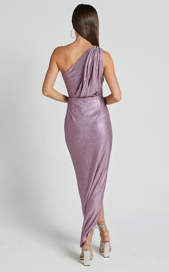 Showpo Davie Midi Dress 8211 Metallic One Shoulder Front Wrap Dress In Soft Pink Women Dresses