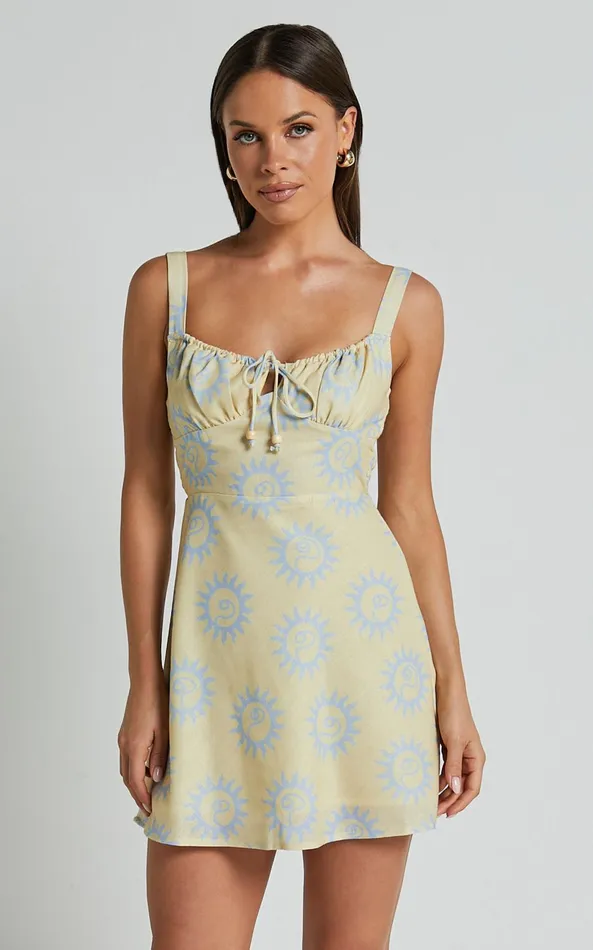 Showpo Davie Mini Dress 8211 Sleeveless Tie Ruched Bust Shift Dress In Lemon Women Dresses