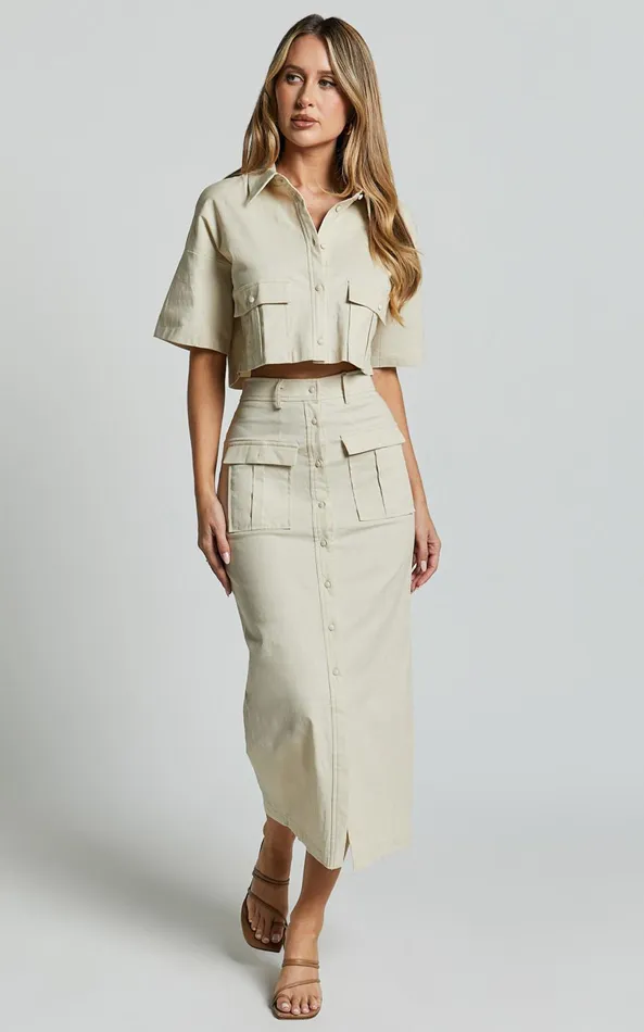 Showpo Davina Two Piece Set 8211 Button Front Top And Midi Skirt Set In Sand Women Two Piece Sets and Coords Showpo Davina Two Piece Set 8211 Button Front Top And Midi Skirt Set In Sand Women Two Piece Sets and Coords