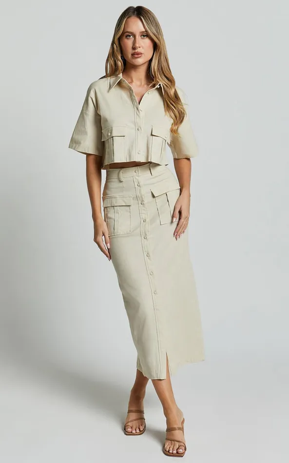 Showpo Davina Two Piece Set 8211 Button Front Top And Midi Skirt Set In Sand Women Two Piece Sets and Coords